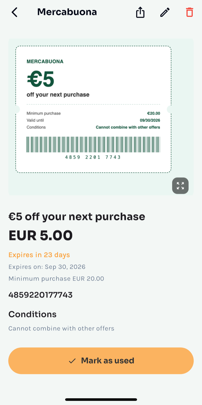 The TicketBrain coupon screen: a €5 voucher for Super Buenprecio with its barcode, a €20 minimum purchase, an expiry date and a Mark as used button.