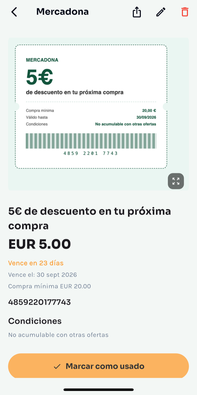 La pantalla de cupones de TicketBrain: un vale de 5 € de Super Buenprecio con su código de barras, compra mínima de 20 €, fecha de caducidad y el botón Marcar como usado.